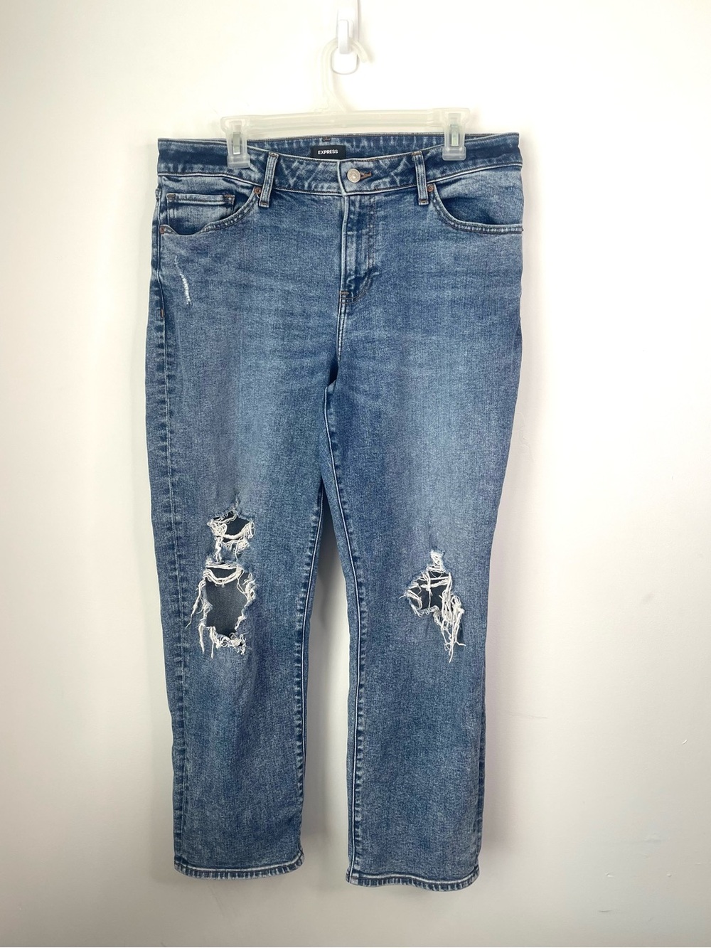 Express Mid-Rise Distressed Straight Jeans - Medium Blue size 12R